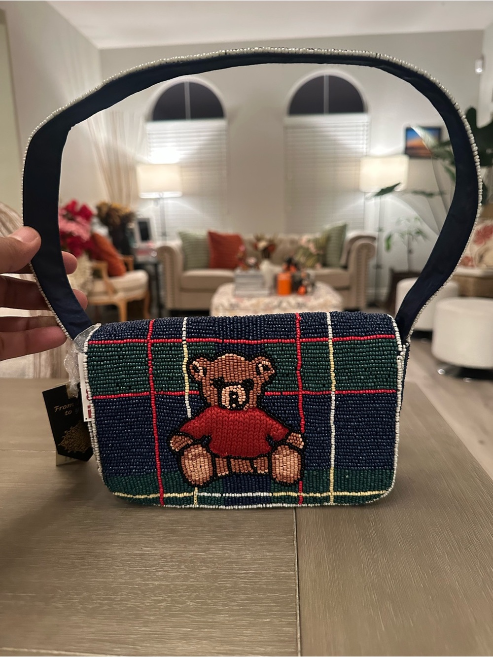 T.J.Maxx Beaded Teddy Plaid Shoulder Bag - Navy, Green, Red